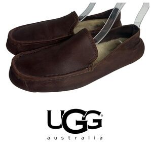 UGG Hunley Loafers Shoes Mens Sz 9 Shearling Lined Brown Leather Driving Mocs